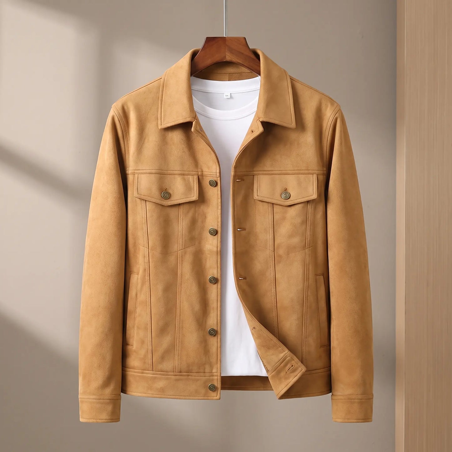 Khaki suede lapel jacket on wooden hanger
