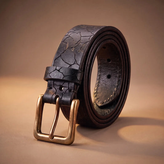 Cracked Texture Belt in black cowhide with pressed crack pattern and solid brass buckle