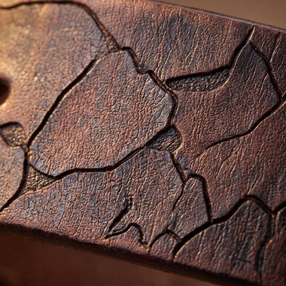 Macro close up of the pressed crack pattern in the leather on the Cracked Texture Belt