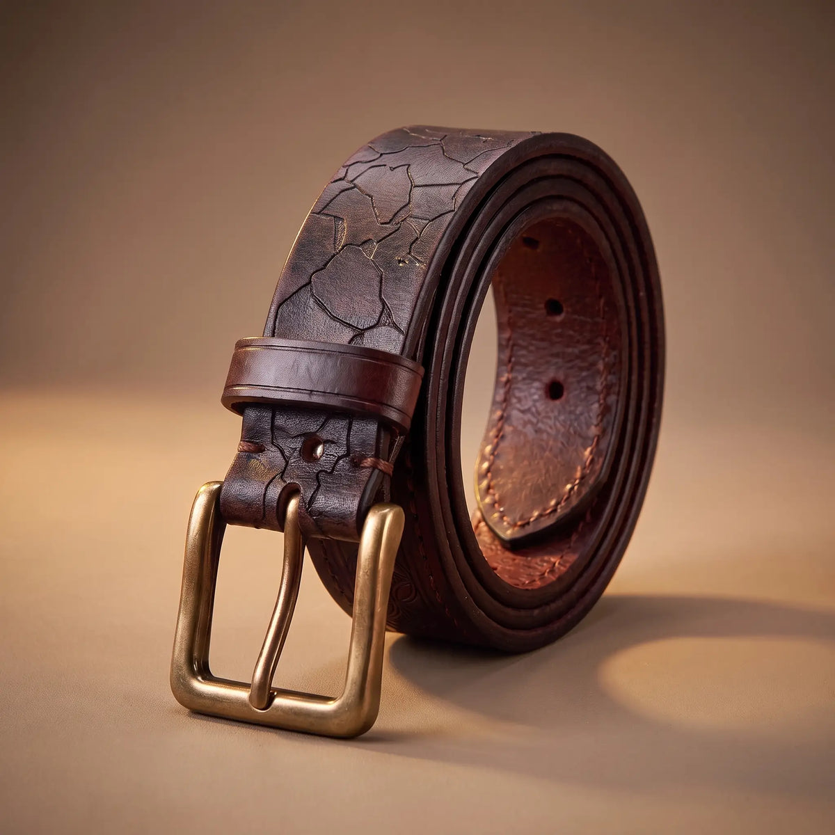Cracked Texture Belt in dark coffee cowhide with pressed crack pattern and solid brass buckle