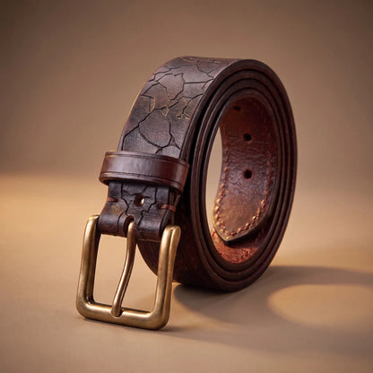 Cracked Texture Belt in dark coffee cowhide with pressed crack pattern and solid brass buckle