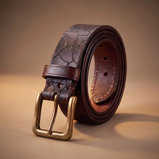 Cracked Texture Belt in dark coffee cowhide with pressed crack pattern and solid brass buckle