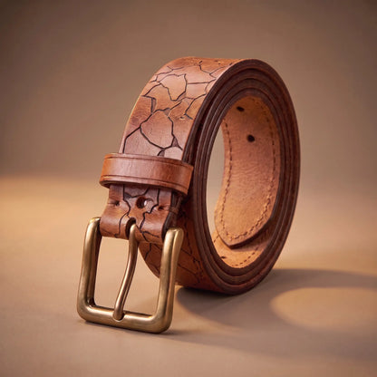 Cracked Texture Belt in khaki tan cowhide with pressed crack pattern and solid brass buckle