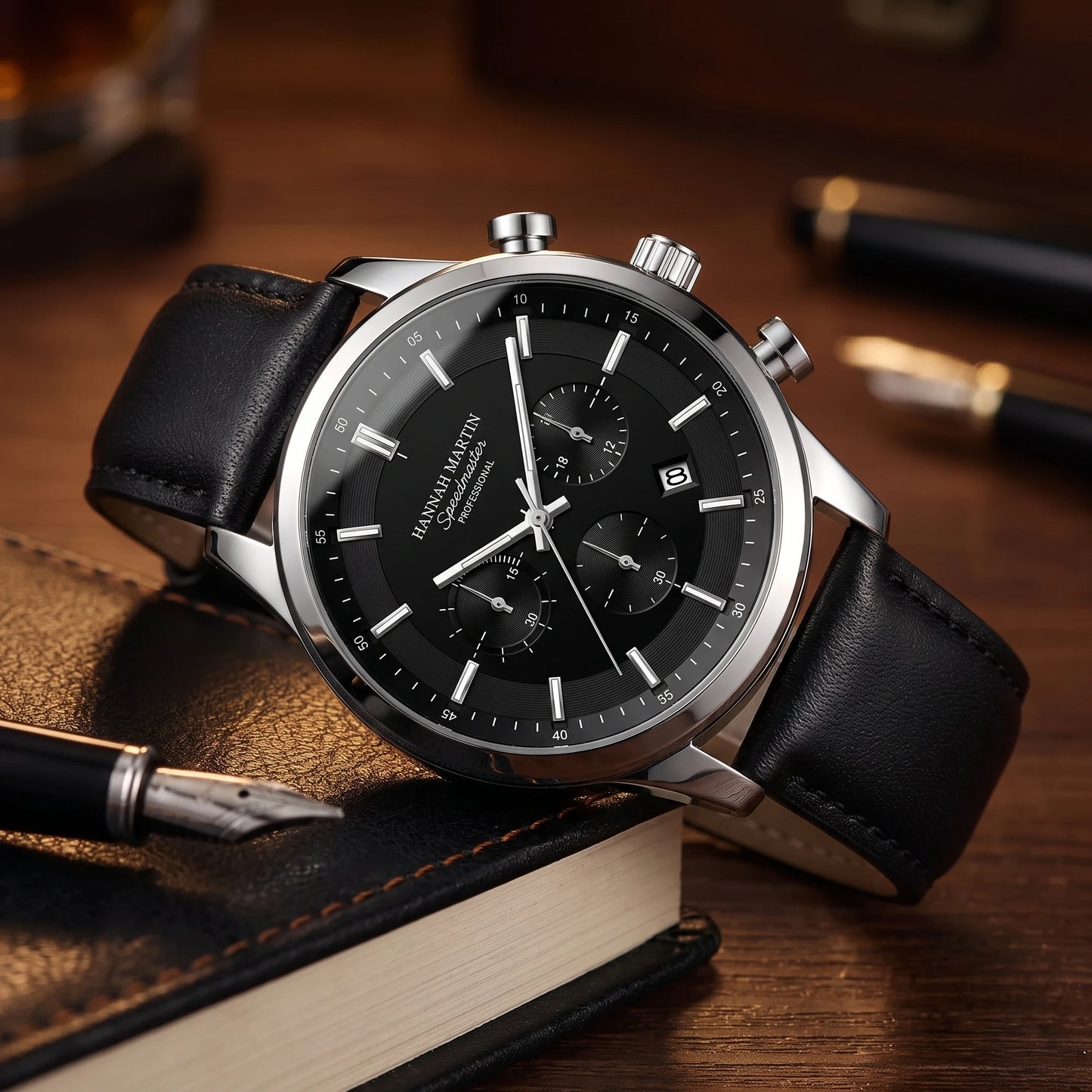 LEATHER CHRONOGRAPH WATCH silver case draped over leather journal on an expedition desk