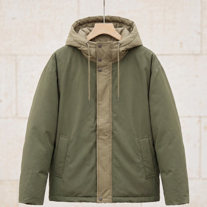 Green padded hooded parka with khaki hood and front panel on a wooden hanger, front view