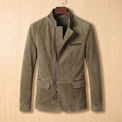 Angled Zip Jacket in khaki, men's velvet stand-collar jacket