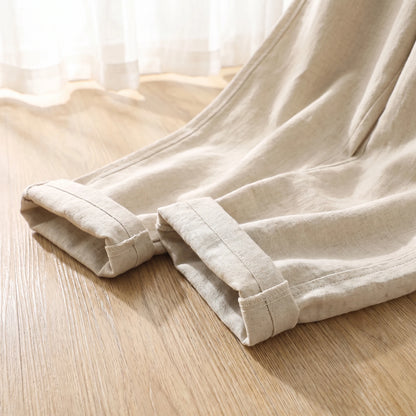 Drawstring cotton linen trousers ankle leg hem detail close-up