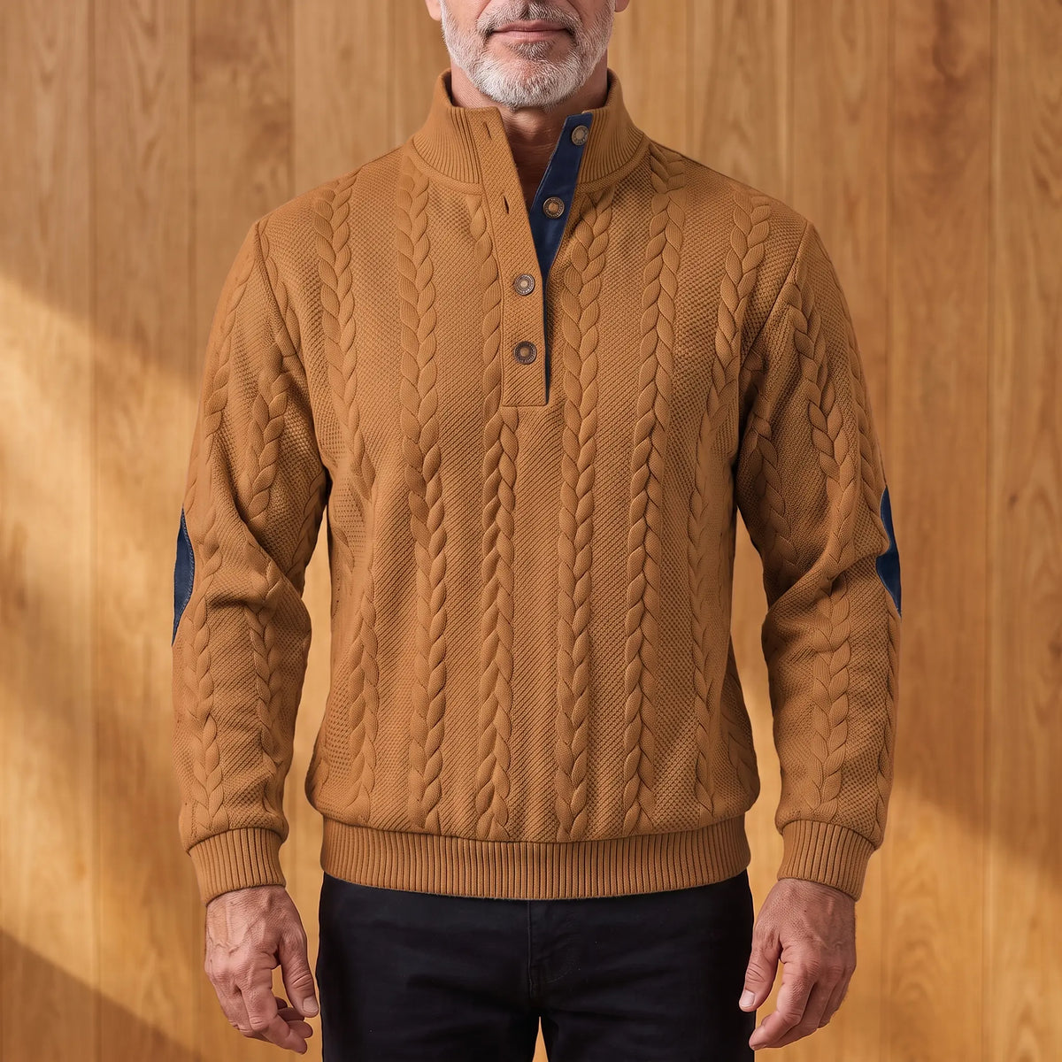 Men's tobacco brown cable knit henley sweater with stand collar, three-button placket and navy elbow patches, worn