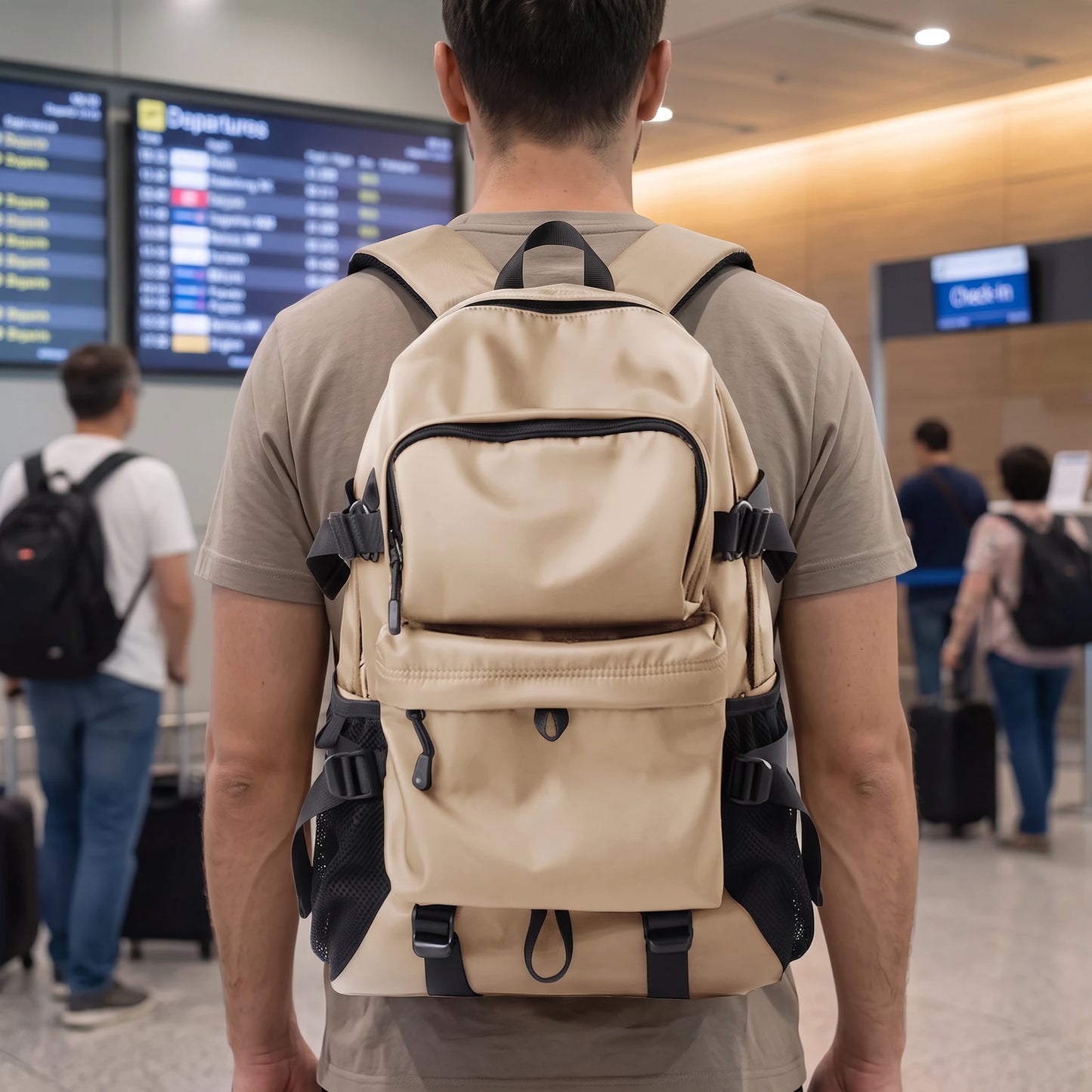 Man wearing the khaki laptop travel backpack in an airport