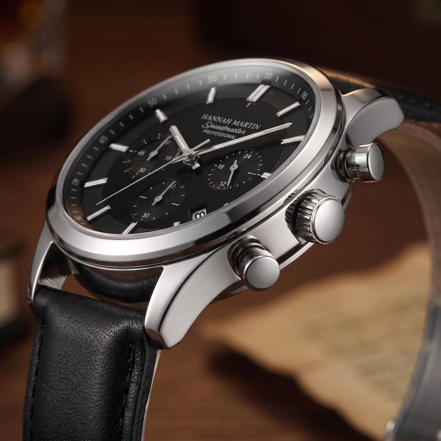 LEATHER CHRONOGRAPH WATCH silver crown and pusher close up detail