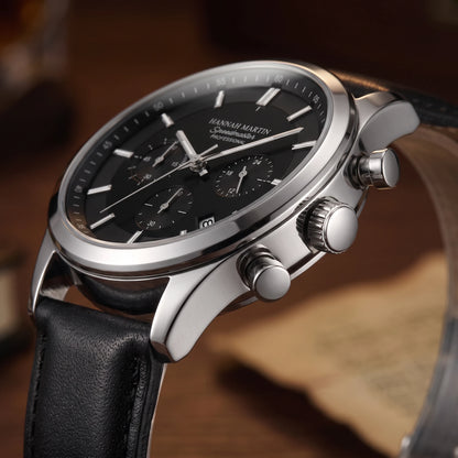 LEATHER CHRONOGRAPH WATCH silver crown and pusher close up detail