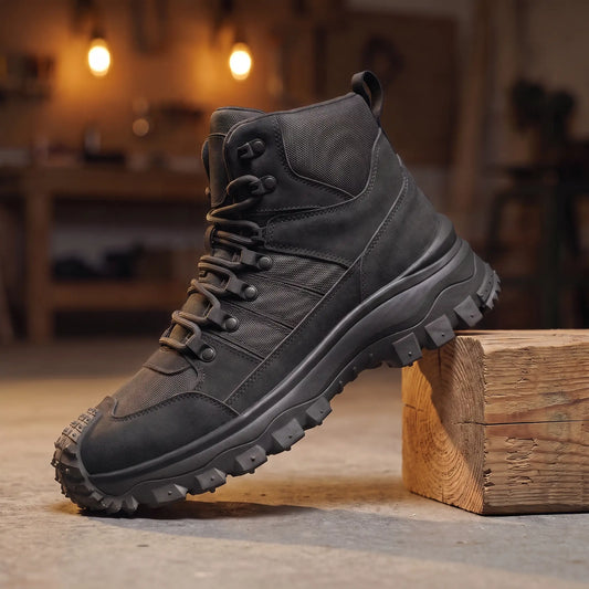 Deep Lug Boots in black, a mid cut lace up hiking boot with mesh panels and a deep lugged sole, on a pine beam in a workshop