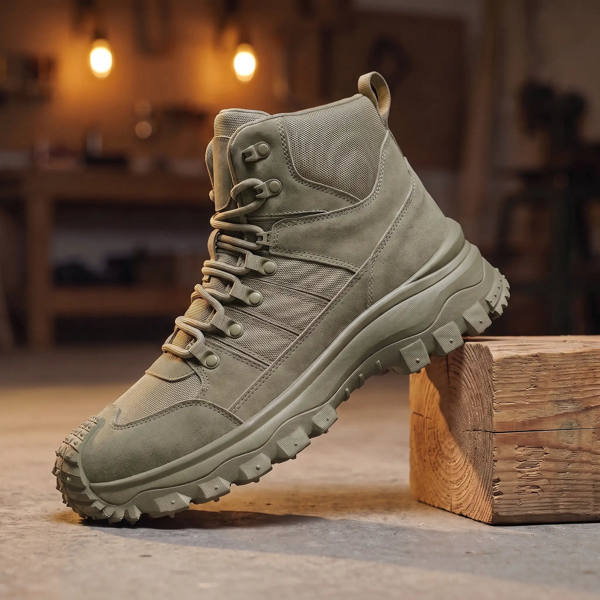 Deep Lug Boots in green, a mid cut lace up hiking boot with mesh panels and a deep lugged sole, on a pine beam in a workshop