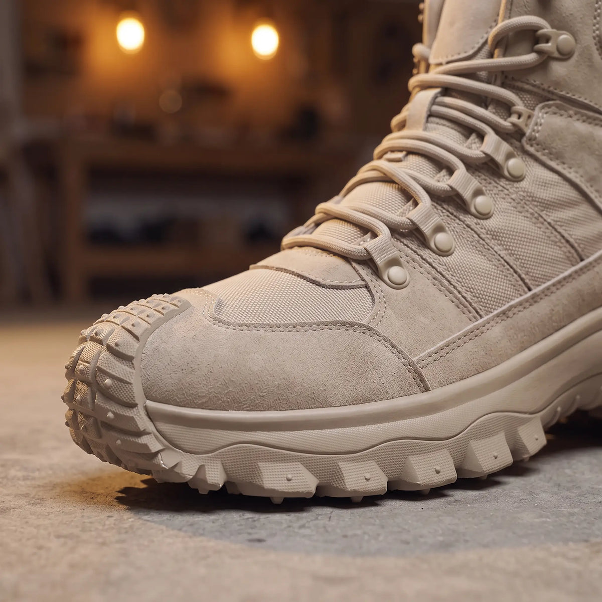 Close up of the toe bumper, mesh vamp panels and deep lugs on the sand Deep Lug Boots