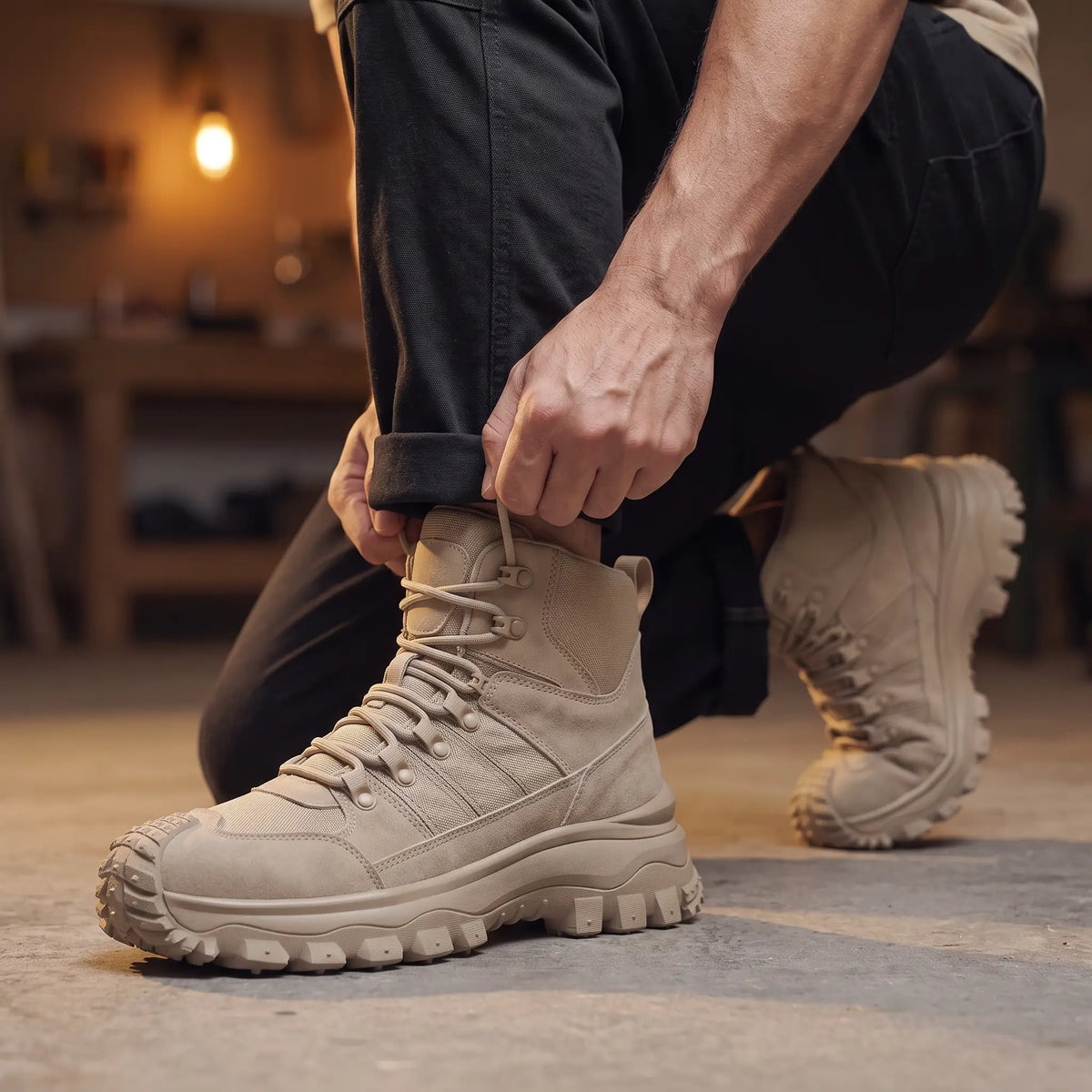 Man crouched pulling the laces tight while wearing the sand Deep Lug Boots