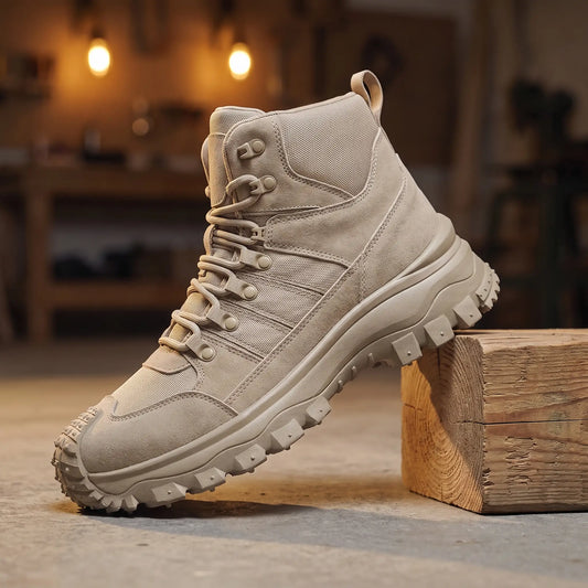 Deep Lug Boots in sand, a mid cut lace up hiking boot with mesh panels and a deep lugged sole, on a pine beam in a workshop