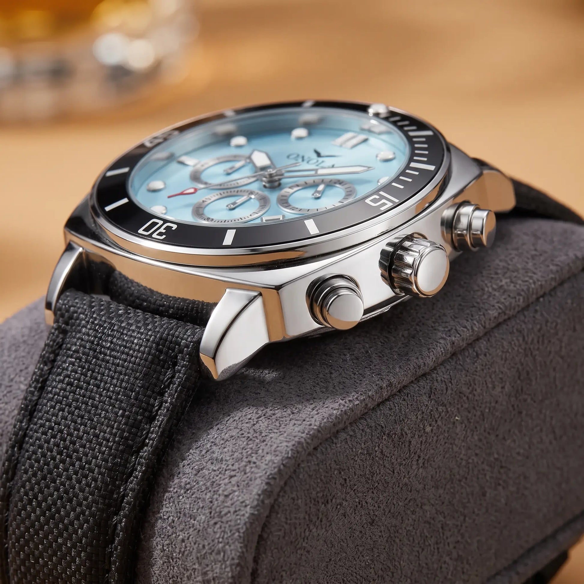 Diver bezel watch crown pushers and strap detail