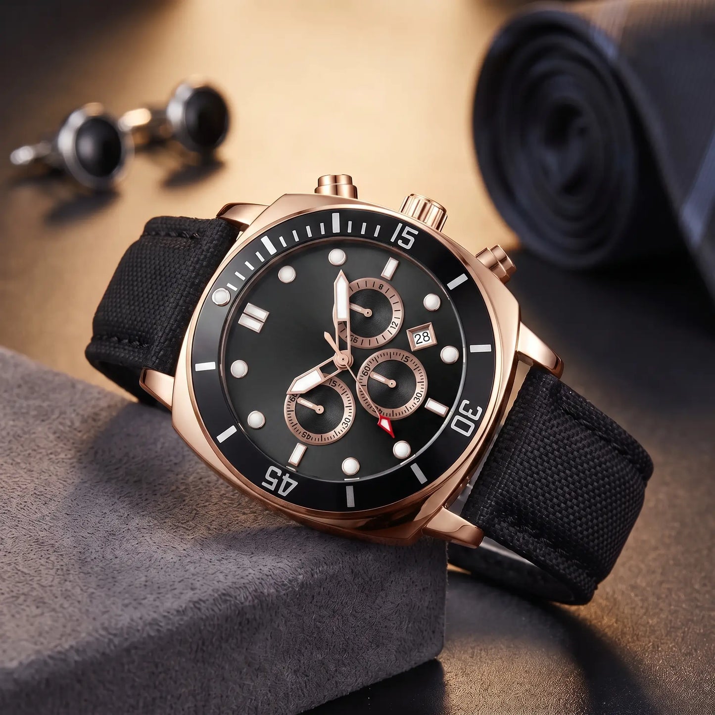 Diver bezel watch rose gold black