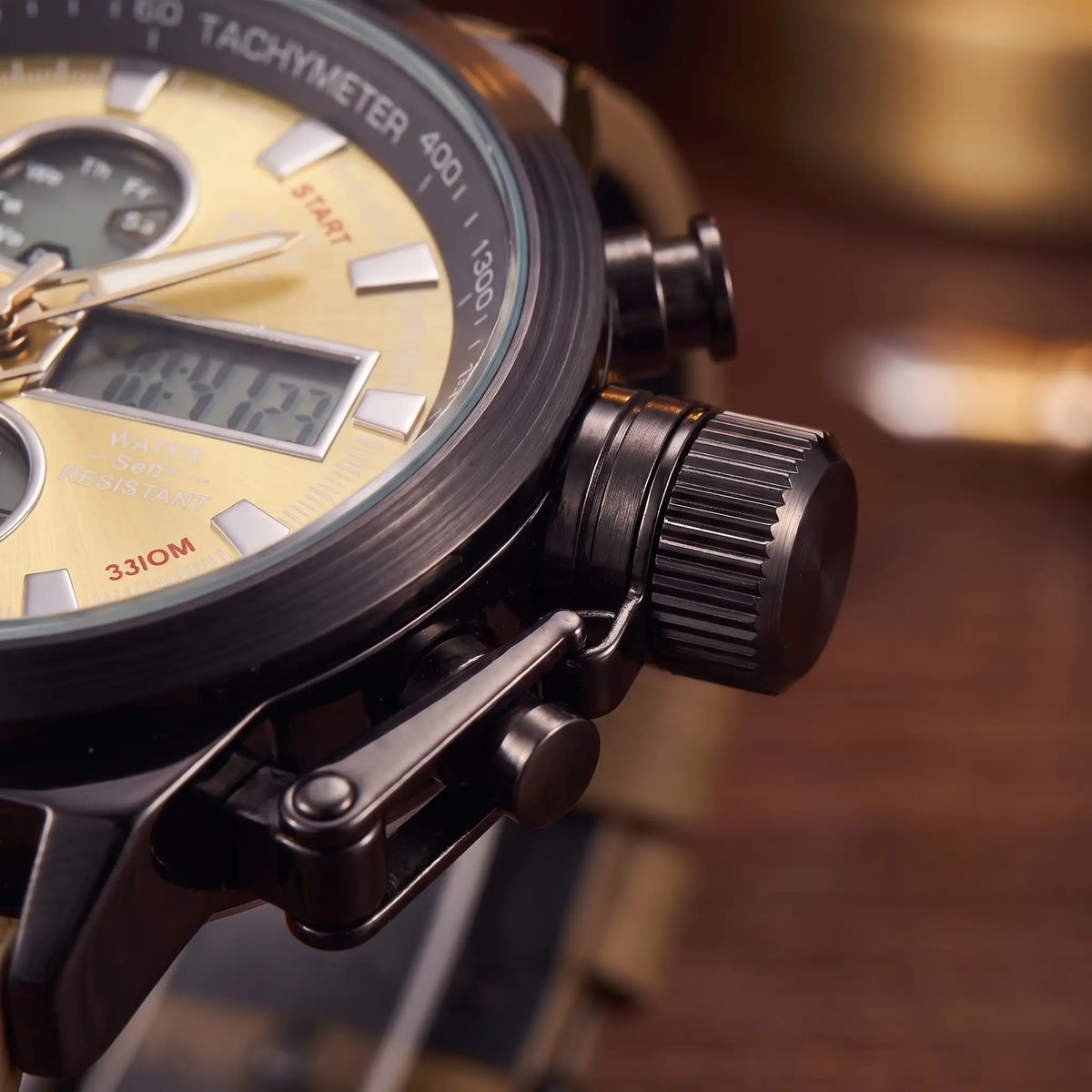 Close up of the knurled crown, crown guard and pushers on the Dual Display Watch