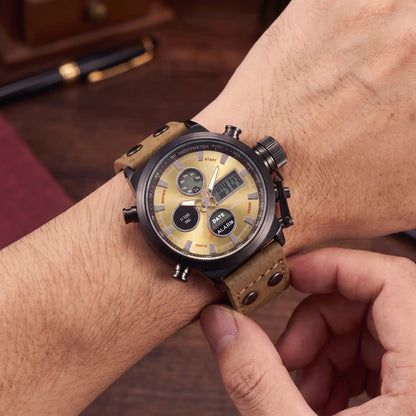 Man fastening the khaki Dual Display Watch onto his wrist
