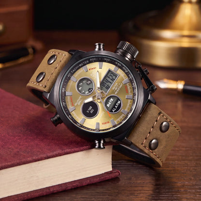 Dual Display Watch with khaki leather strap, black case and gold dial, analog and digital display, draped over a book stack