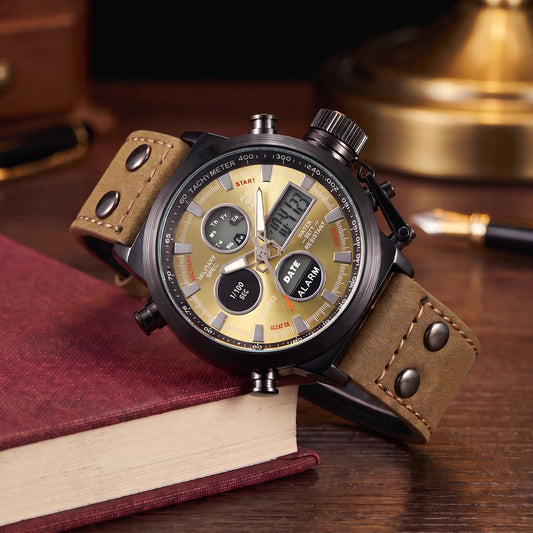 Dual Display Watch with khaki leather strap, black case and gold dial, analog and digital display, draped over a book stack