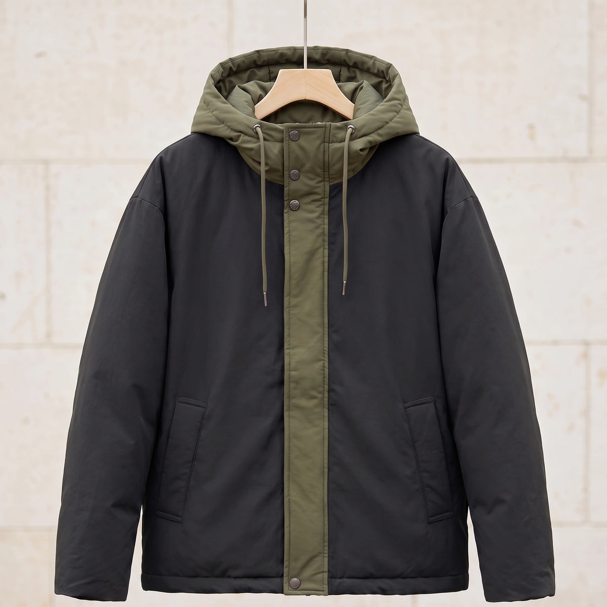 Black padded hooded parka with olive hood and front panel on a wooden hanger, front view