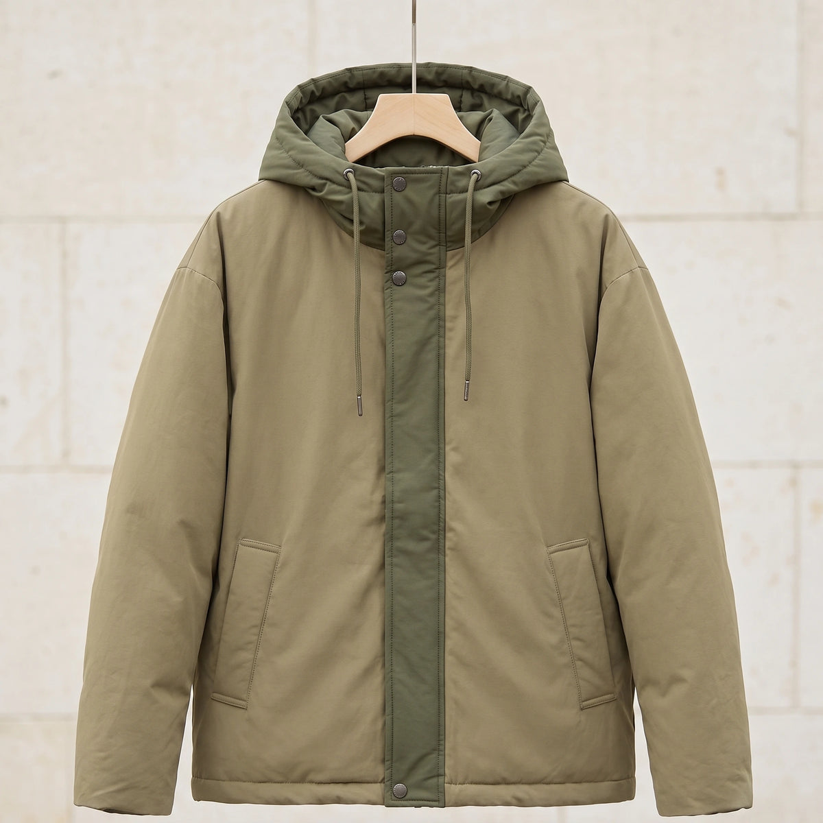 Khaki padded hooded parka with olive hood and front panel on a wooden hanger, front view