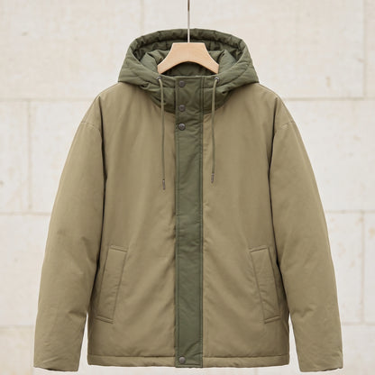 Khaki padded hooded parka with olive hood and front panel on a wooden hanger, front view