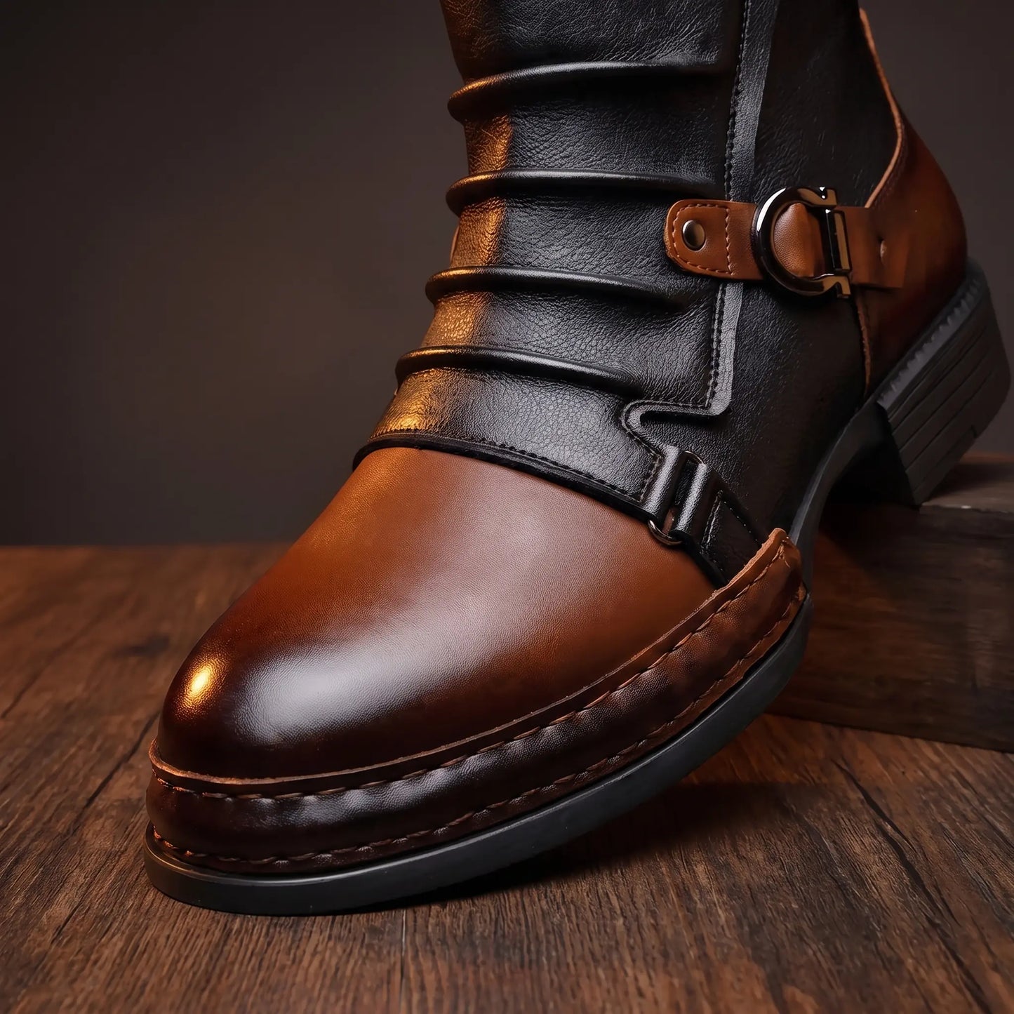 Two tone leather boots toe stitching detail