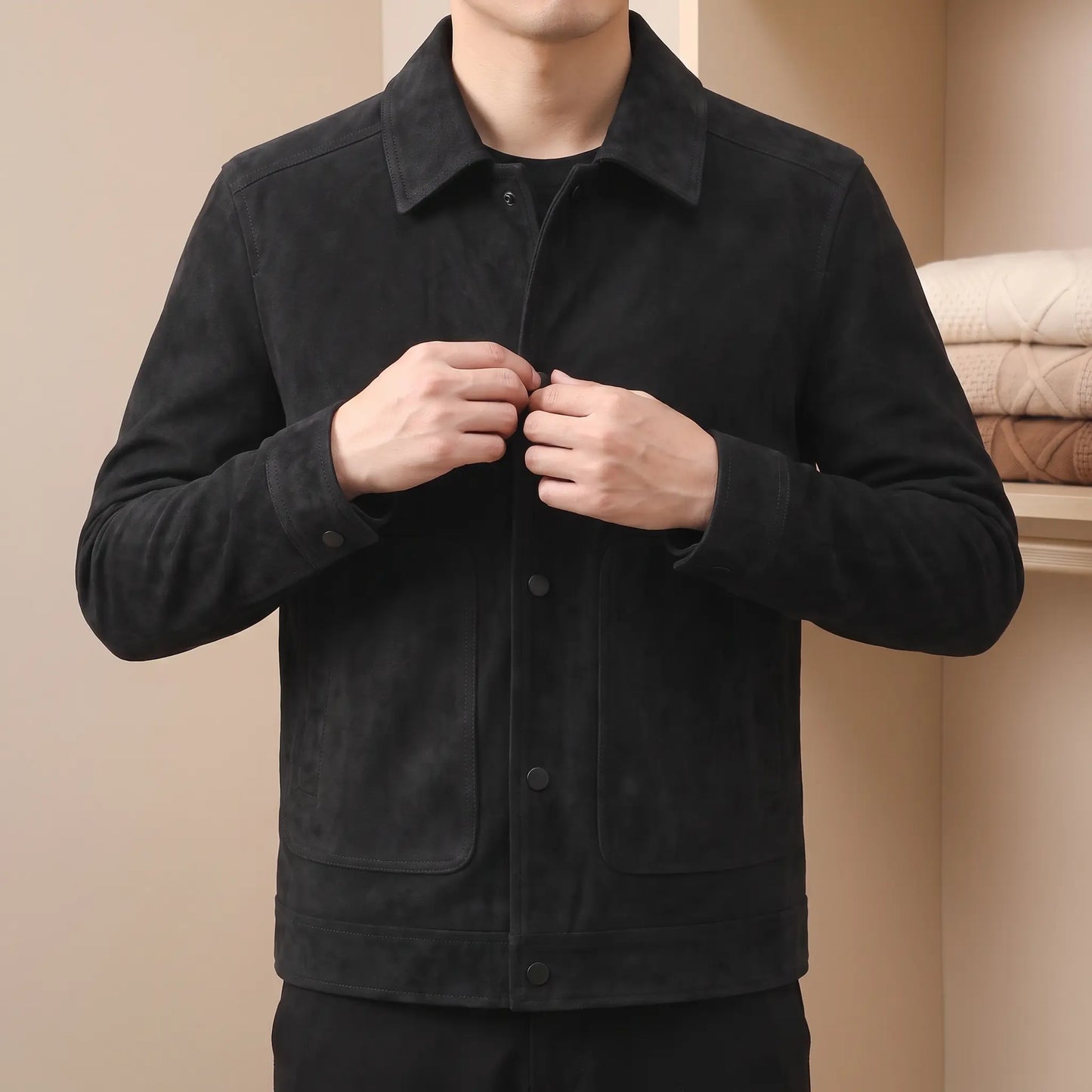 Man wearing black Slim Collared Jacket buttoning the front