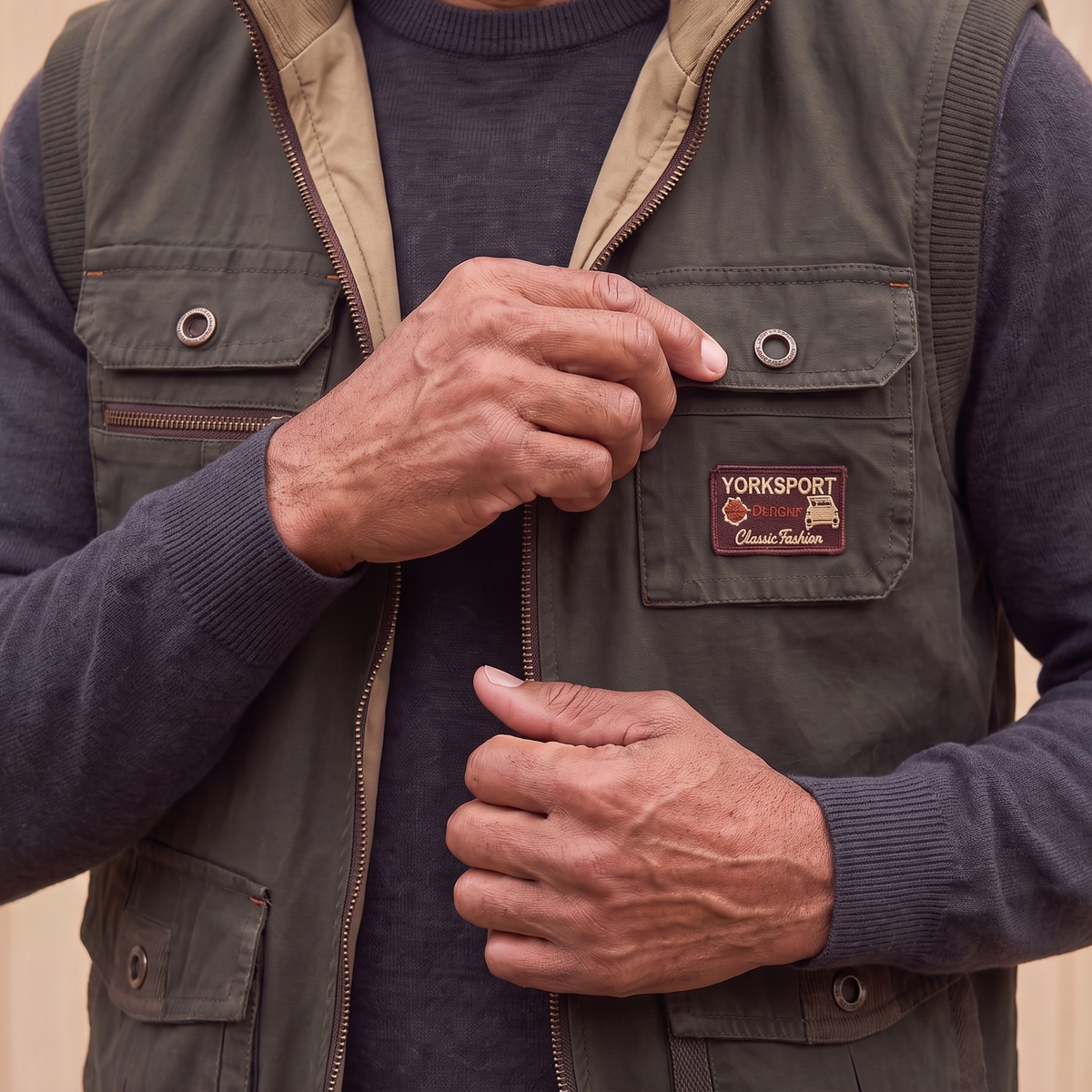 REVERSIBLE CARGO VEST Green worn closing the chest pocket ring snap