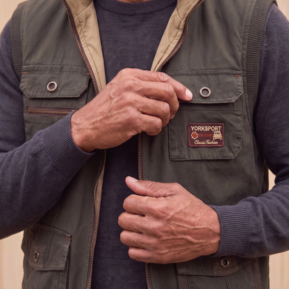 REVERSIBLE CARGO VEST Green worn closing the chest pocket ring snap