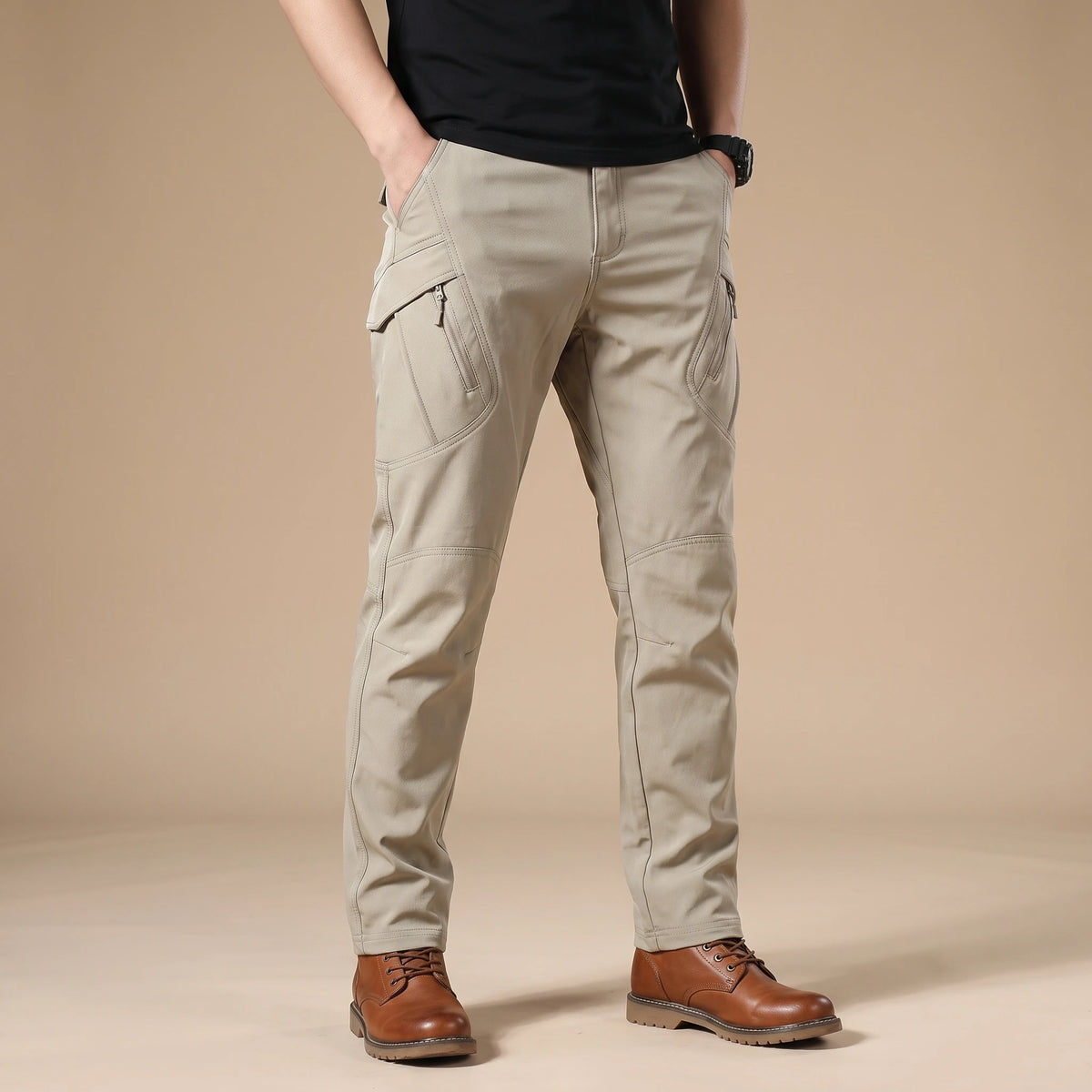 Stretch cargo trousers in khaki, worn front view in a warm studio