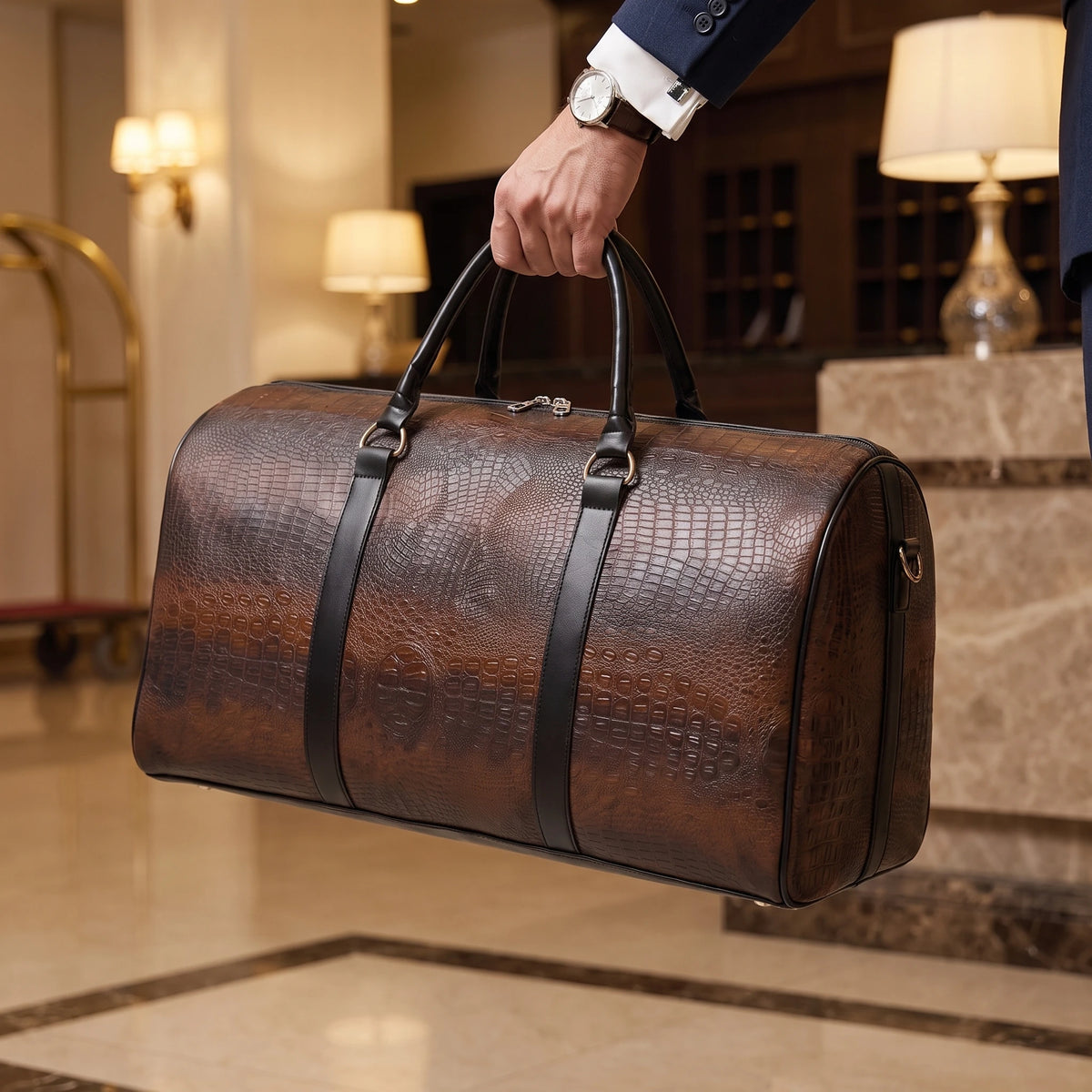 Crocodile textured weekender duffel carried through a hotel lobby