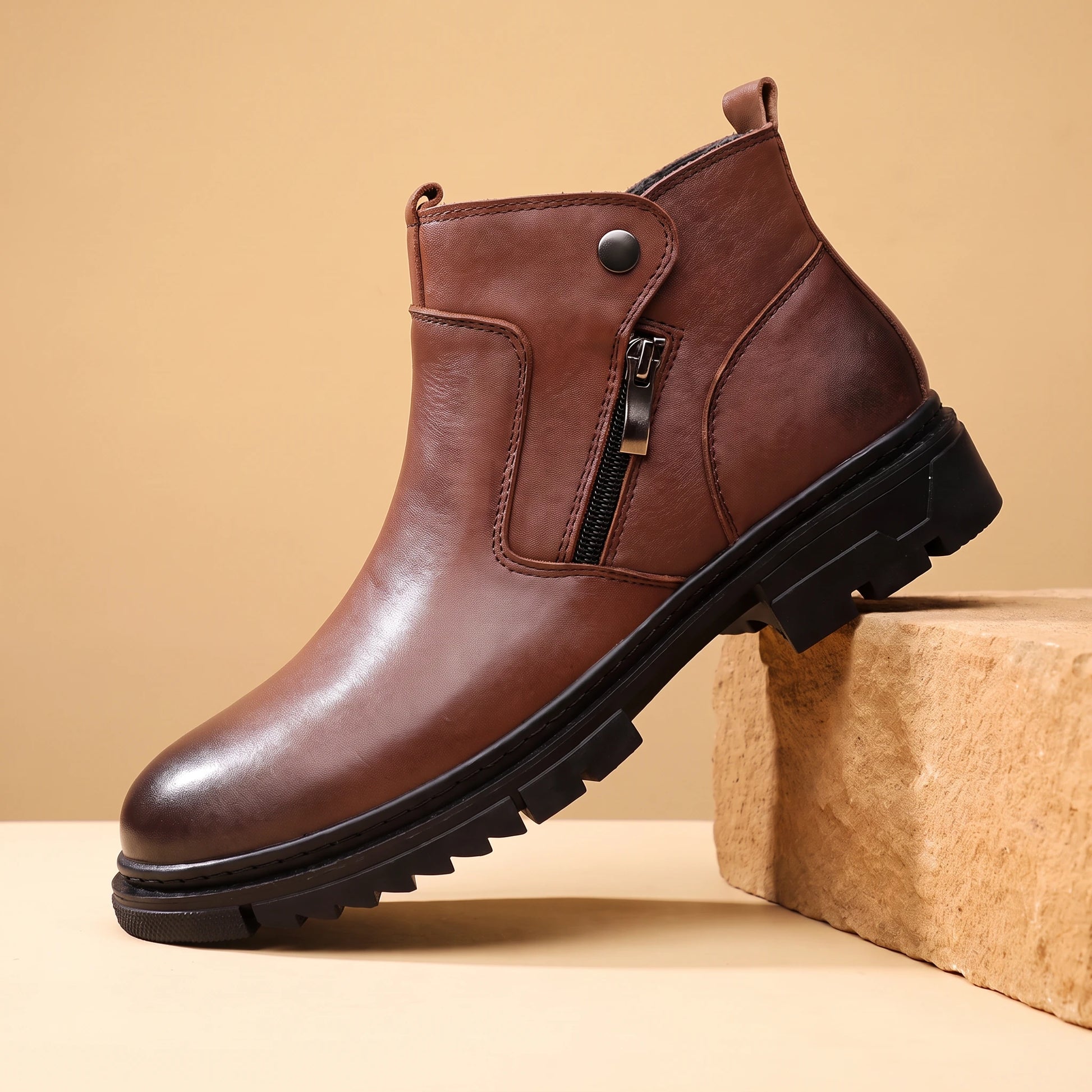 SHARP ZIP ANKLE BOOTS brown plush fleece-lined high-top side-zip boot on a warm sandstone block