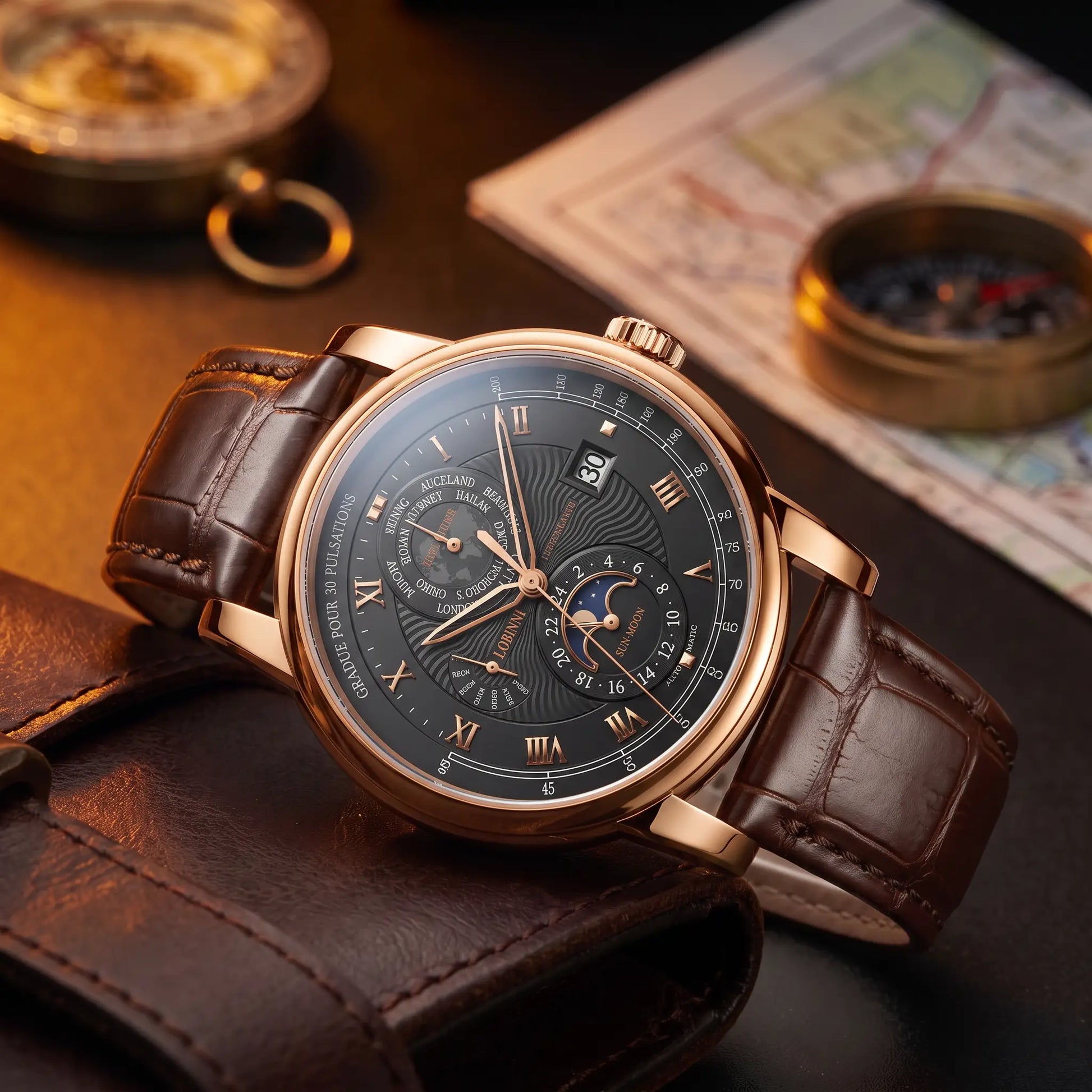 Rose gold case black dial moon phase watch on a brown leather strap