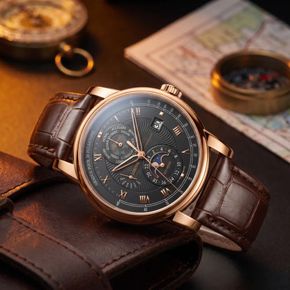 Rose gold case black dial moon phase watch on a brown leather strap