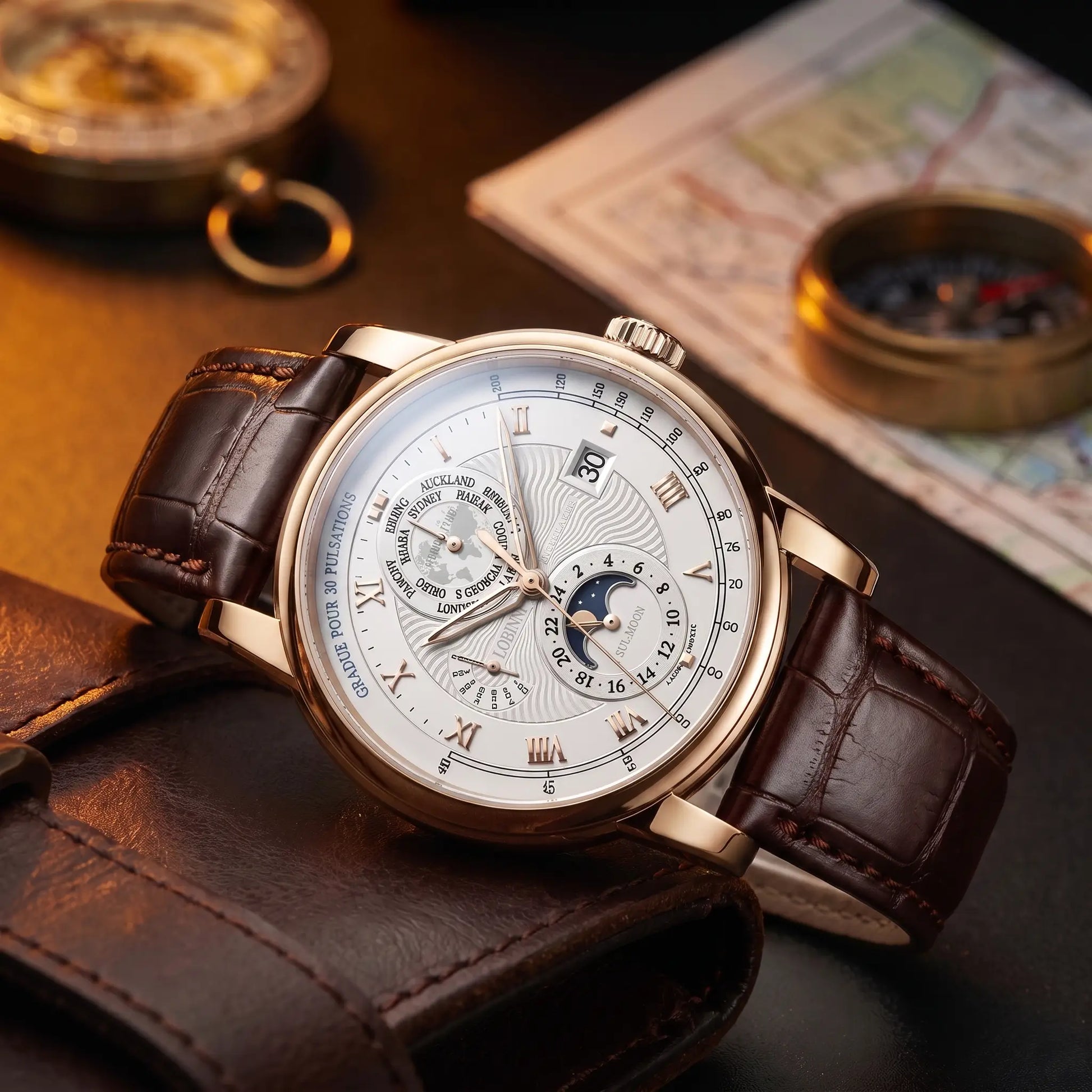 Rose gold case white dial moon phase watch on a brown leather strap