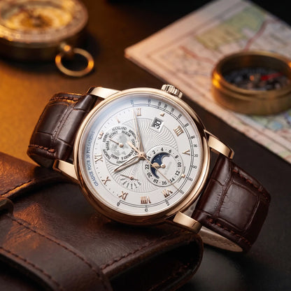 Rose gold case white dial moon phase watch on a brown leather strap