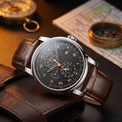 Silver case black dial moon phase watch on a brown leather strap
