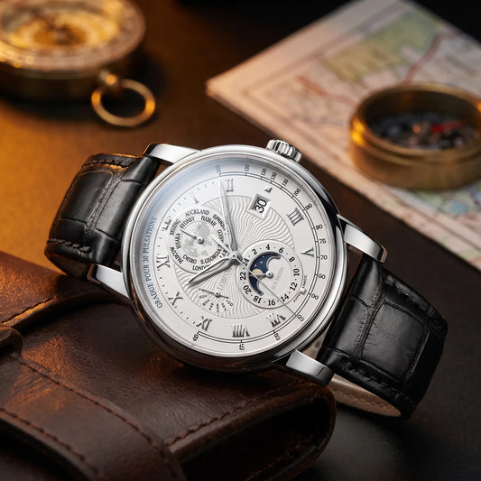 Silver case white dial moon phase watch on a black leather strap
