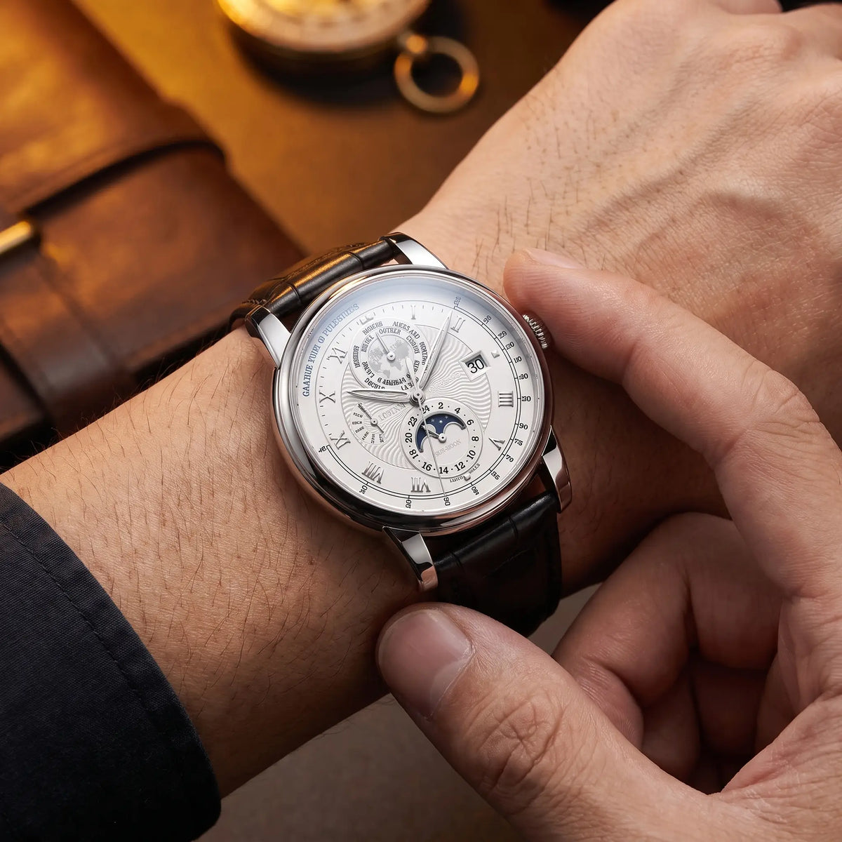 Fastening the leather strap of the watch on the wrist