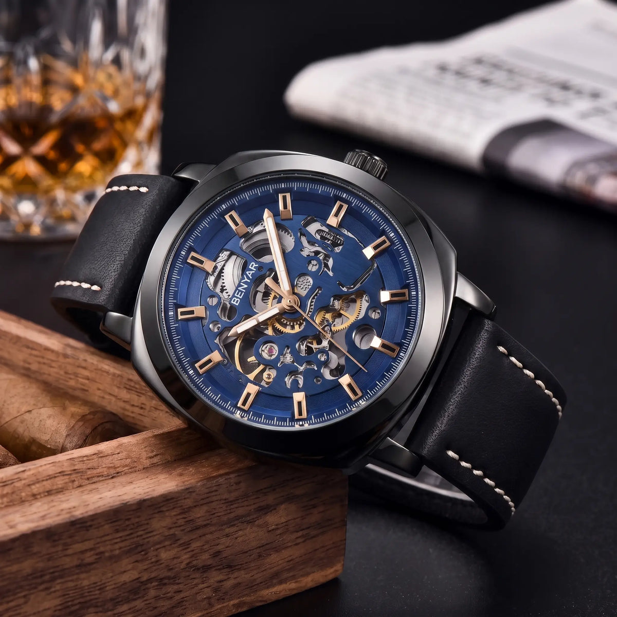 Exposed Gear Watch with black case and blue skeleton dial