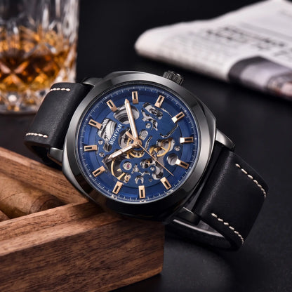 Exposed Gear Watch with black case and blue skeleton dial