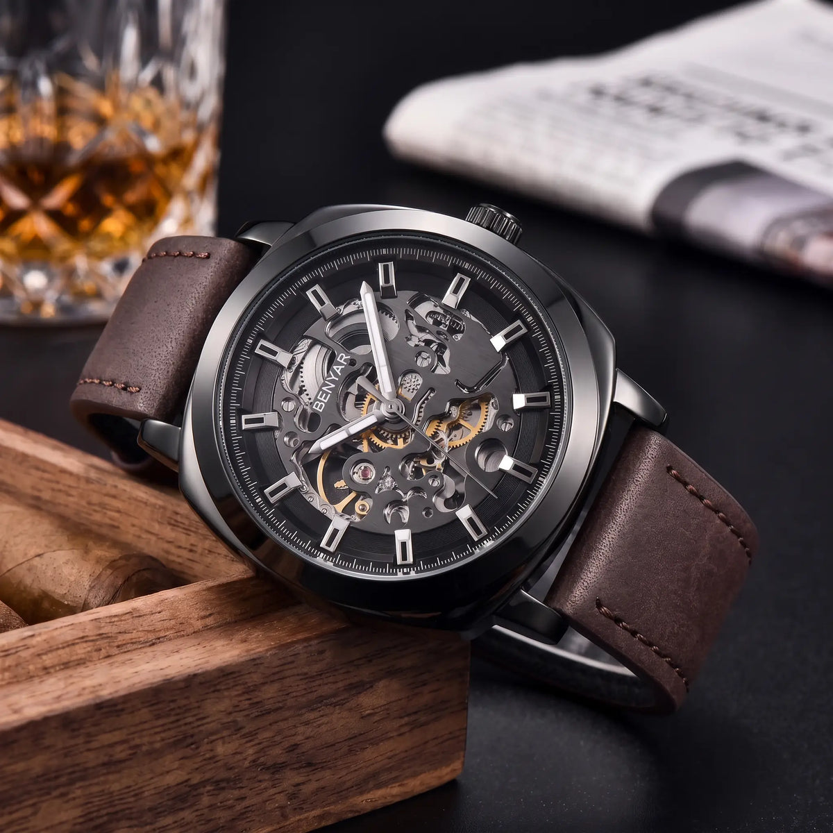 Exposed Gear Watch with black case and brown leather strap