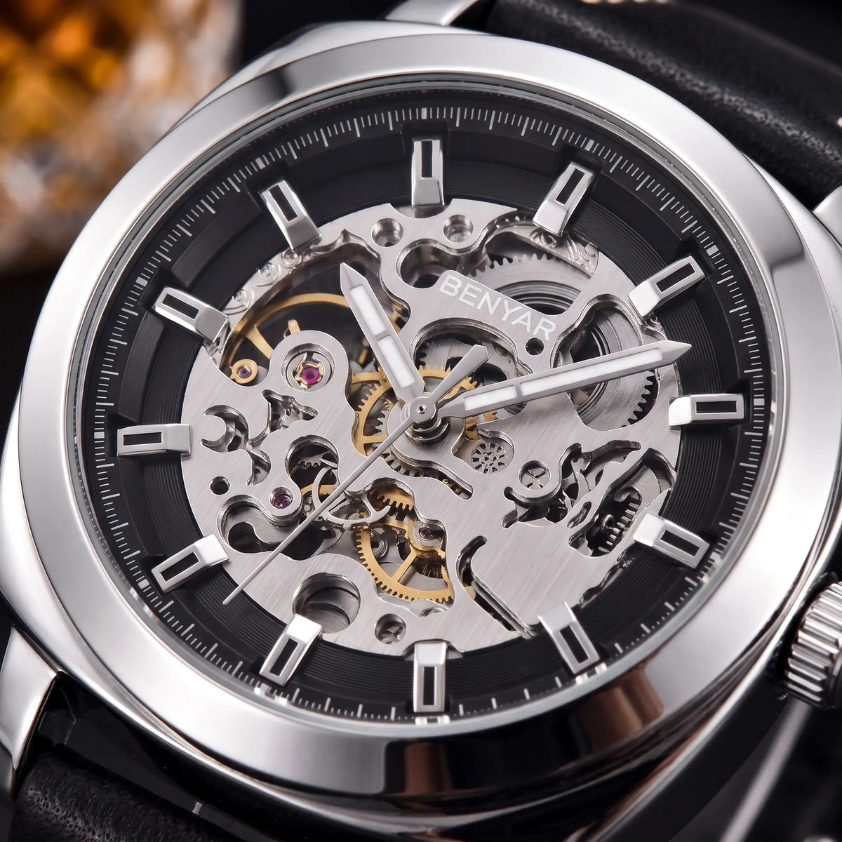 Macro close up of the skeleton dial and visible gears on the Exposed Gear Watch