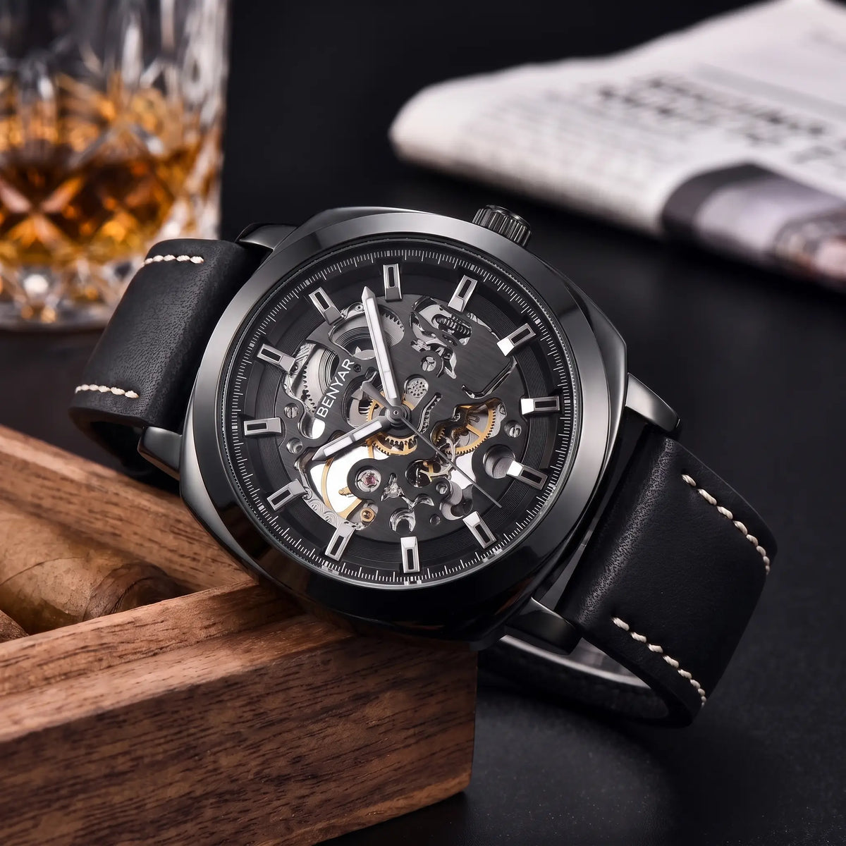Exposed Gear Watch in all black with black case, dial and strap