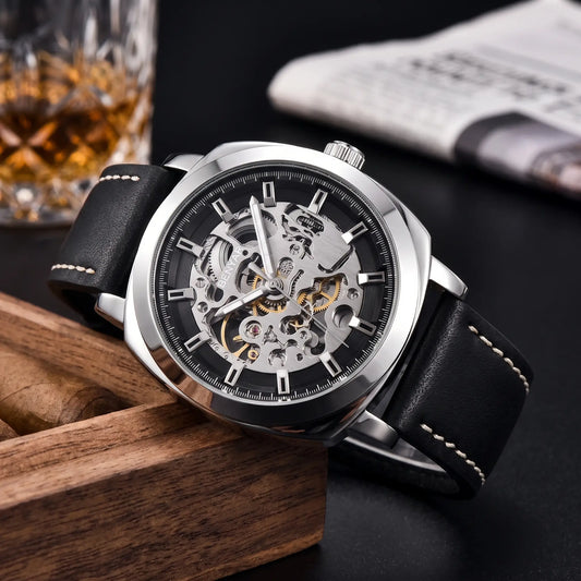 Exposed Gear Watch with silver case, black skeleton dial and black leather strap
