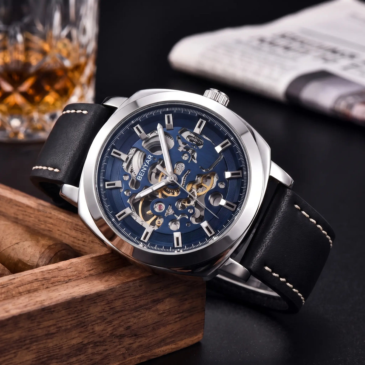 Exposed Gear Watch with silver case and blue skeleton dial